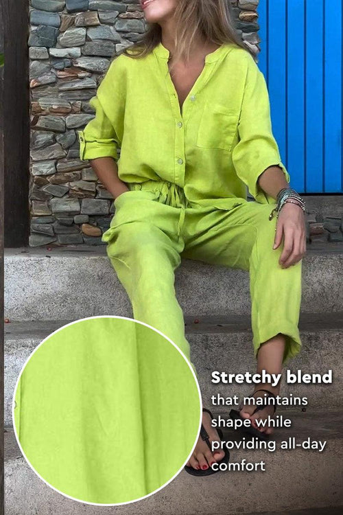 woman wearing lime green Casual Chic Two-Piece Set with stretchy fabric sitting outdoors