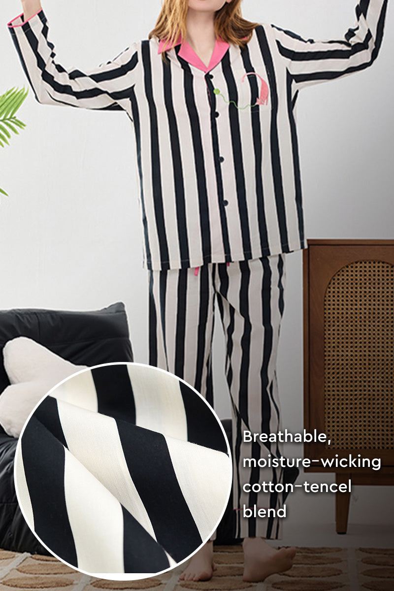 Premium moisture-wicking black and white striped cotton-tencel pajama set on model