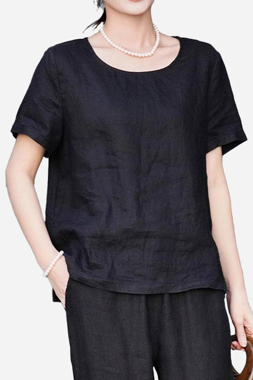 Black 100% pure linen breathable classic short sleeve shirt for women with relaxed fit and round neckline