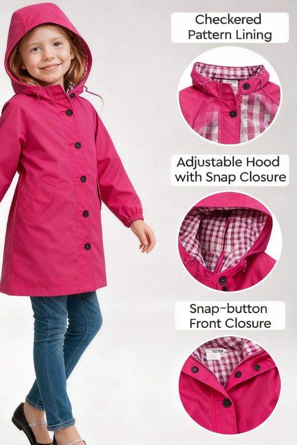Junior water resistant oversized hooded windbreaker rain jacket for kids with checkered lining and snap-button closure