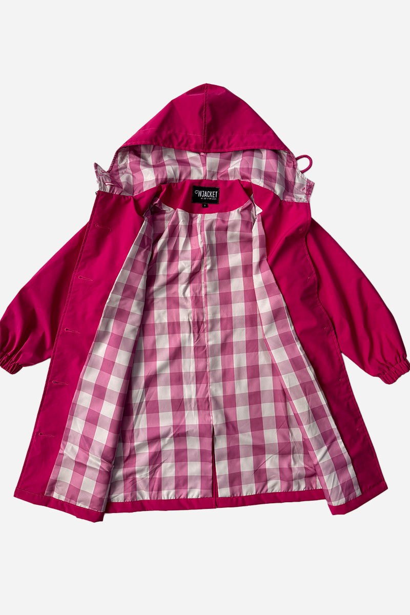 Junior water resistant oversized hooded kids windbreaker rain jacket with checkered lining