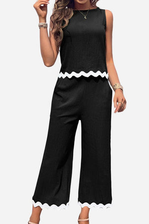 Black scalloped trim sleeveless top and wide leg pants set with elastic waistband and pockets