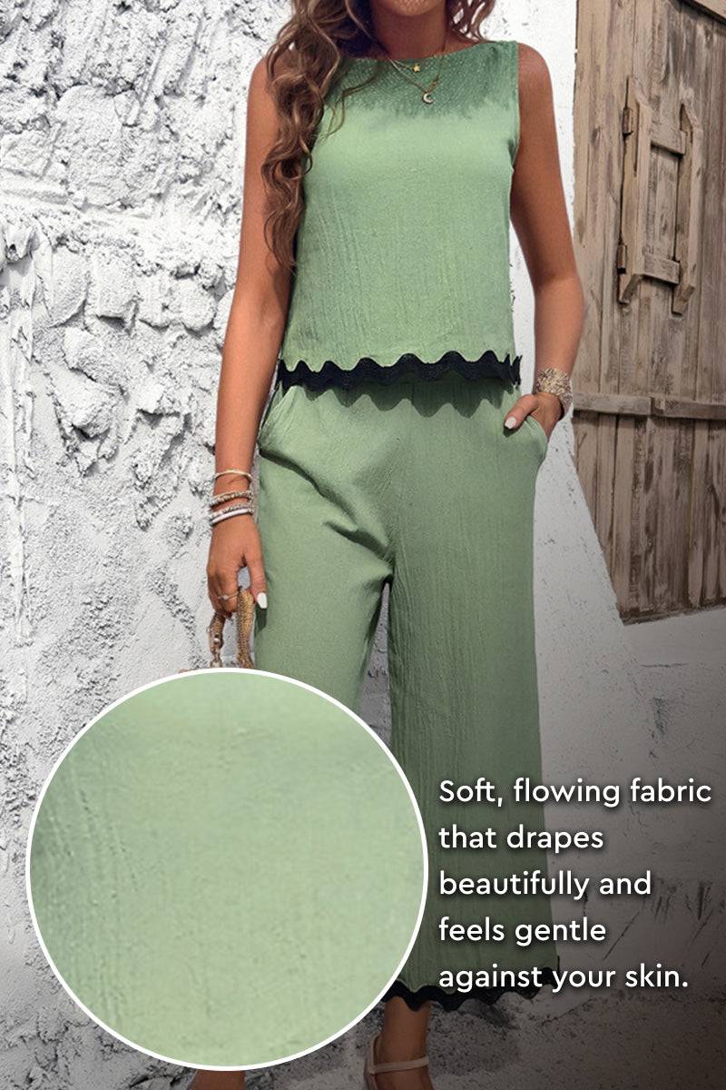 Green scalloped trim sleeveless top and wide leg pants set in soft flowing viscose fabric