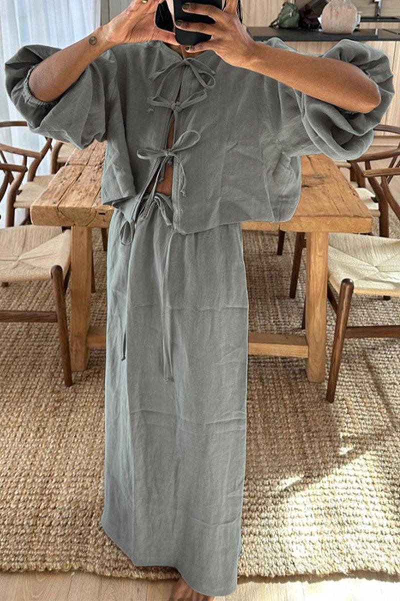 100% cotton long-sleeve crop top and maxi skirt set in breathable fabric with tie-front details