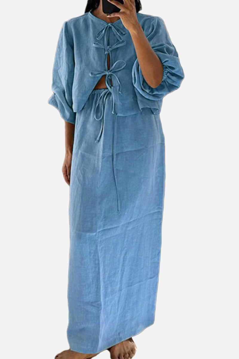 100% cotton long-sleeve crop top and maxi skirt set in blue breathable fabric