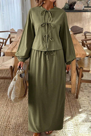 100 cotton long-sleeve crop top and maxi skirt set in olive green with tie-front detail