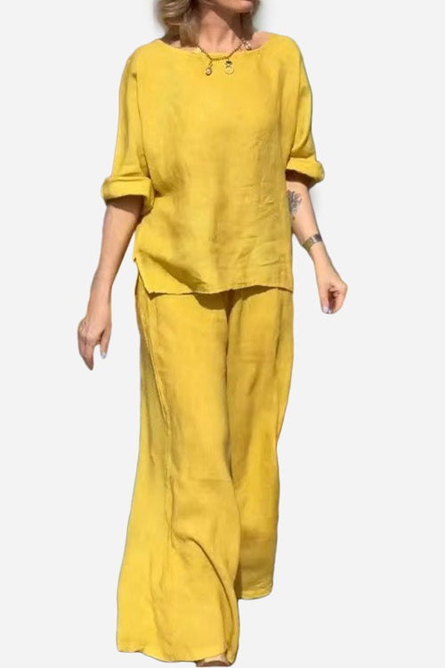 Yellow 100% cotton two-piece set with round neck top and wide-leg pants for all-day comfort