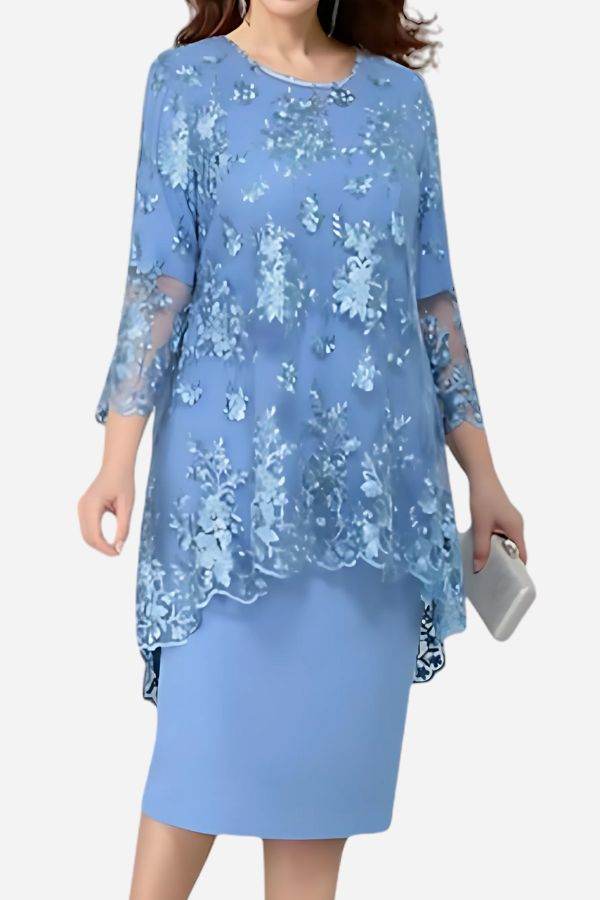 Blue elegant two-piece evening dress with lace embroidered floral details and high-low hem