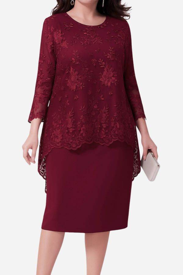 Elegant lace detailed burgundy two-piece evening dress with embroidered top and fitted skirt