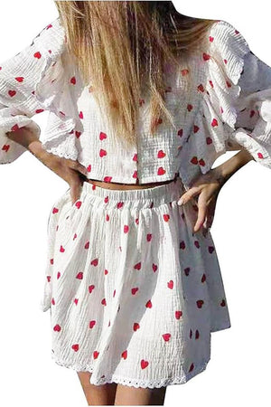 Sweet Countryside 100 Cotton ruffled two-piece set with red heart prints on white breathable cotton fabric
