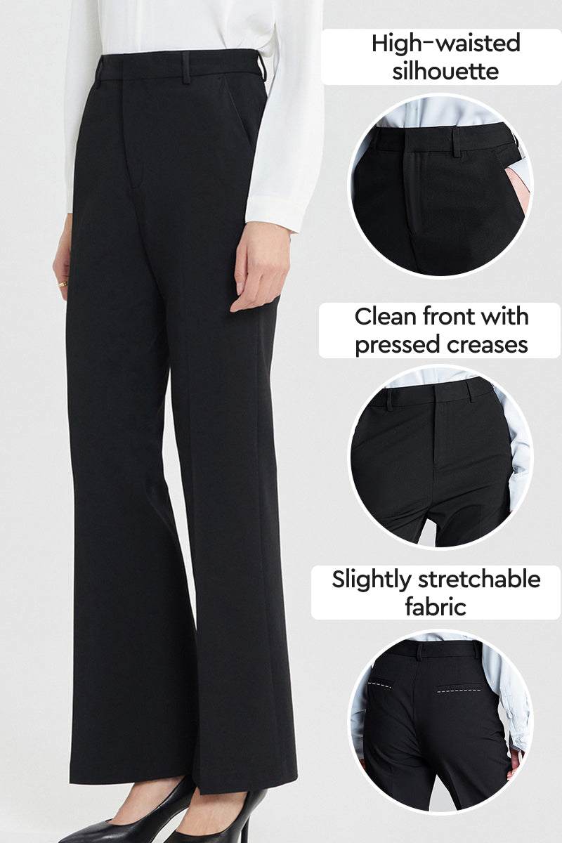 Black retro stretch trousers with high-waisted silhouette, clean pressed creases, and slightly stretchable fabric for professional wear