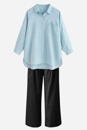 Linen Breeze Set breathable linen-cotton blend light blue shirt with black pants summer outfit