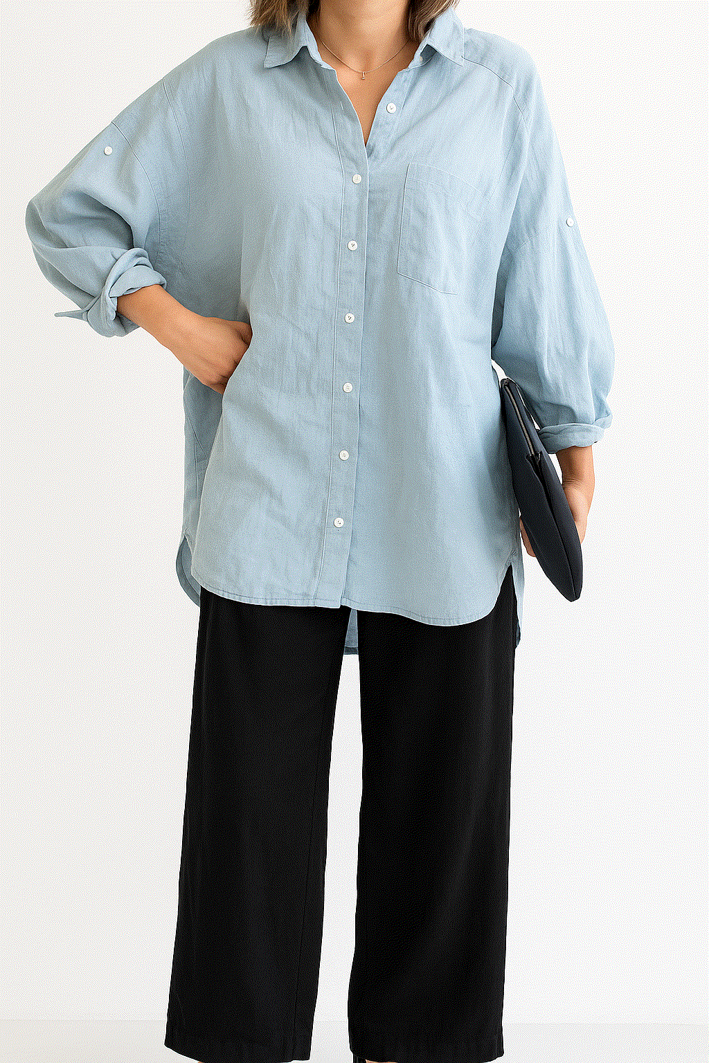 Light blue linen-cotton blend relaxed shirt with black high-waist palazzo pants from Linen Breeze Set summer outfit.