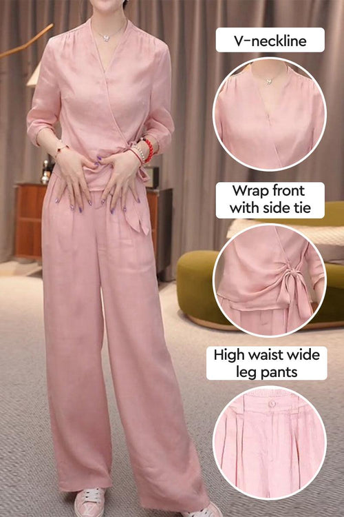 Breathable cotton-linen pink wrap top and wide leg pants set with V-neckline and side tie detail