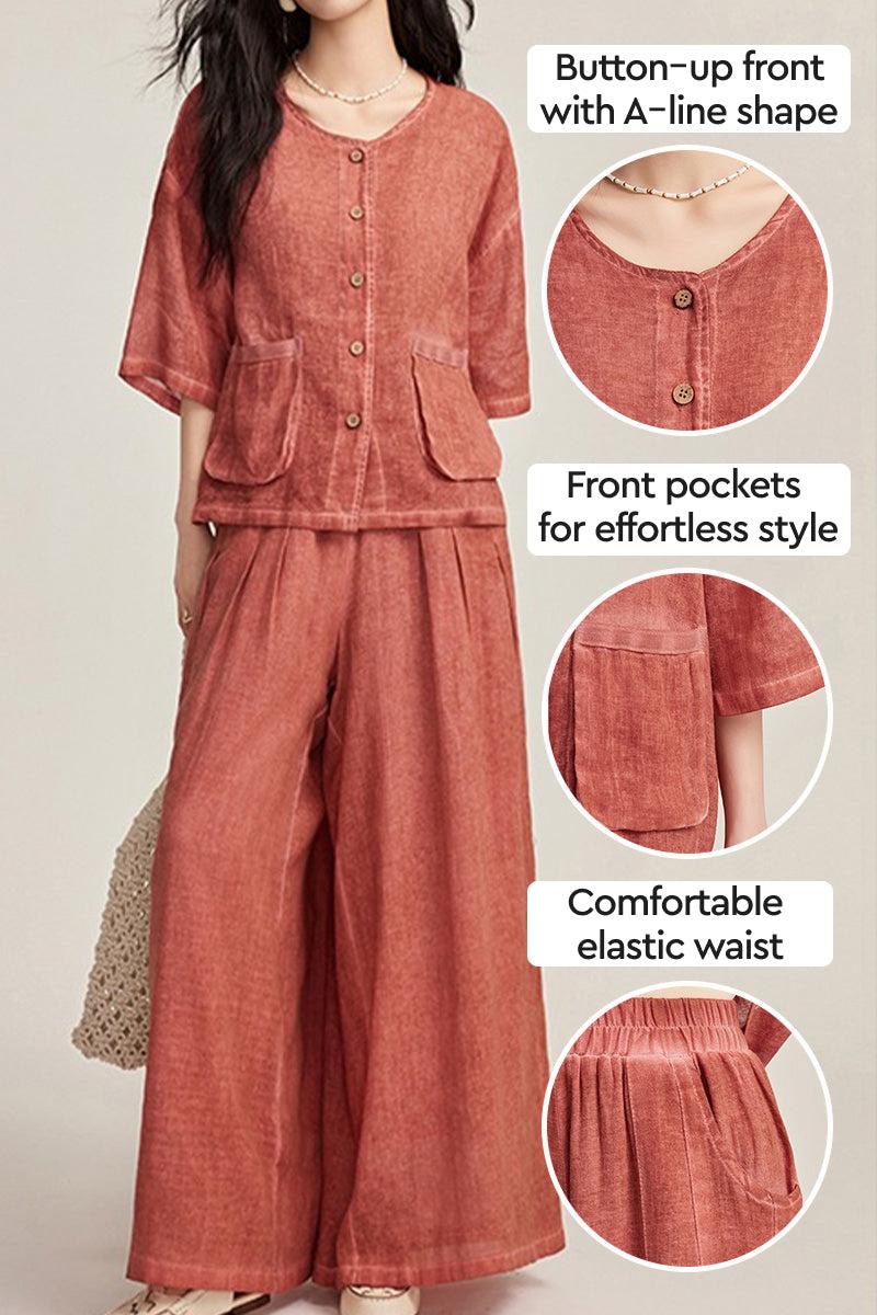 100% linen stone-washed set with button-up A-line top, front pockets, and wide-leg pants with elastic waist in muted sunset color
