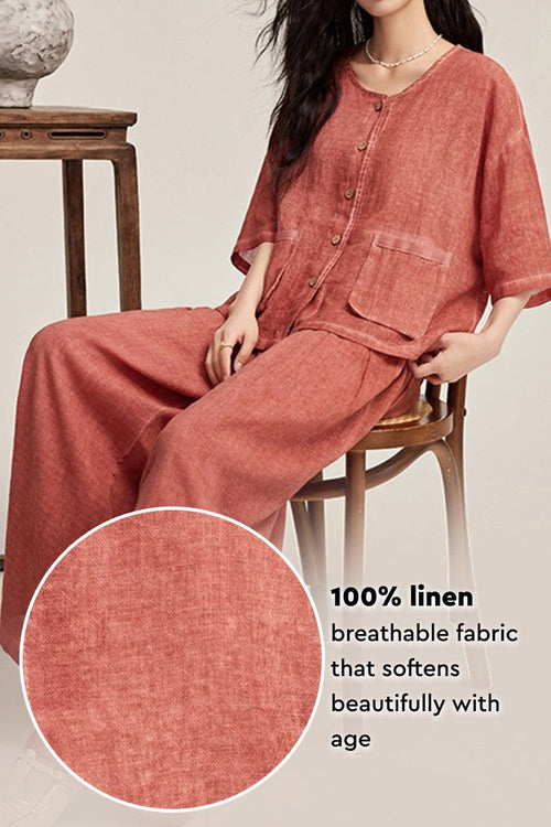 100% linen stone-washed soft breathable two-piece set with button-up top and wide-leg pants in muted sunset color