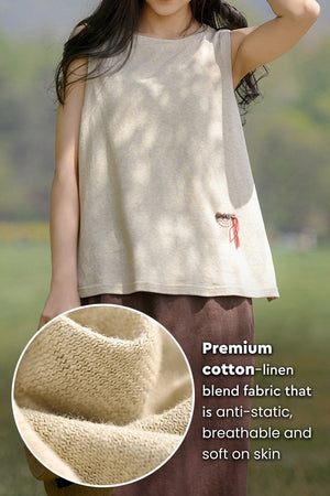 Dandelion Fields Cotton Linen sleeveless top in beige with breathable, soft cotton-linen blend fabric and embroidered detail