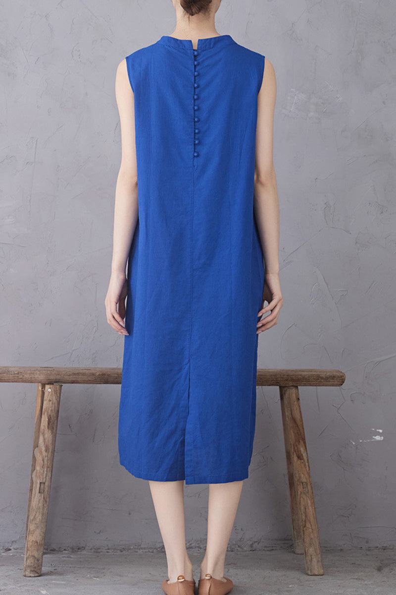 Back view of Sunrise Market 100 Linen Midi Dress in blue with sleeveless design and button details on upper back