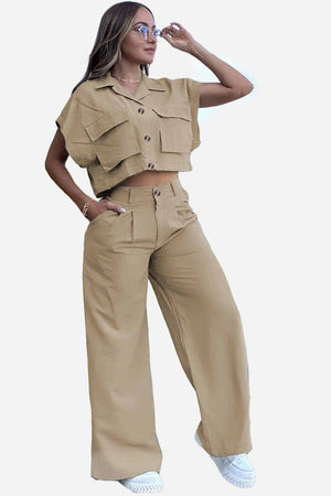 Woman wearing beige Safari Escape cargo two-piece set with big functional pockets and wide-leg pants