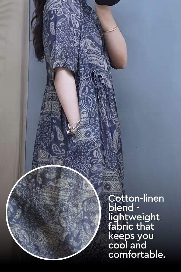 Woman wearing Beachside Bookstore cotton linen midi dress with vintage paisley pattern and relaxed fit