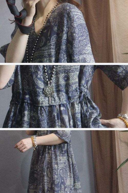 Beachside Bookstore cotton-linen midi dress with vintage paisley pattern and adjustable waist tie for casual and elegant wear