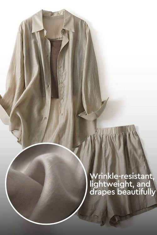 Soft Mornings wrinkle-free shirt and shorts set in breathable beige fabric with smooth drape and lightweight texture