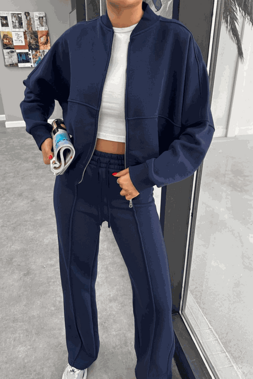 The Voyager Zip Set navy zip-front sweatshirt and wide-leg joggers travel outfit