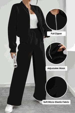 The Voyager Zip Set black two-piece zip-front sweatshirt and wide-leg joggers with adjustable waist and soft micro-elastic fabric for comfortable travel and casual style