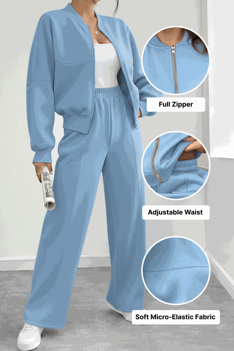 The Voyager Zip Set blue two-piece zip-front sweatshirt and wide-leg joggers with adjustable waist and soft micro-elastic fabric