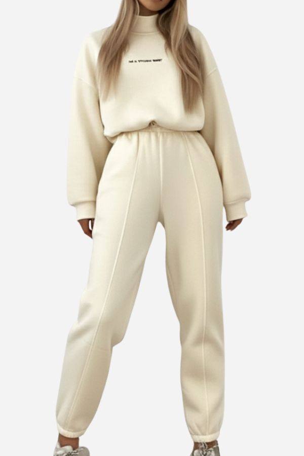 Storm Sweater Mock Neck athleisure set in cream with relaxed fit and adjustable waist