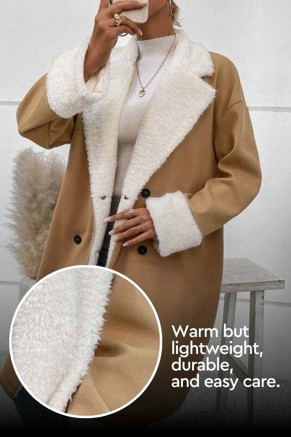 Nordic Warmth shearling-lined coat with soft faux shearling trim, lightweight and warm beige winter jacket for women