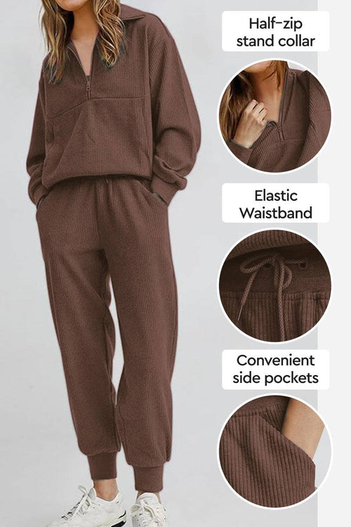 Unisex brown half-zip pullover and sweatpants set with stand collar, elastic waistband, and side pockets.