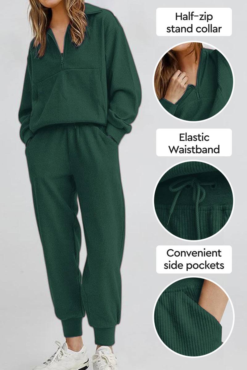 Unisex half-zip pullover and sweatpants set in dark green with stand collar, elastic waistband, and side pockets for casual comfort