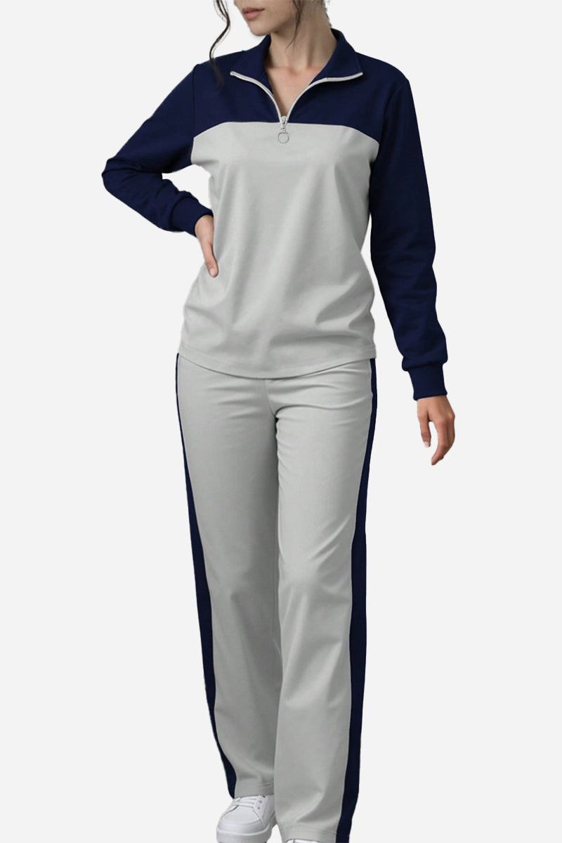 Colorblock Comfort Leisure Set with navy and gray half-zip top and wide-leg pants, cozy winter outfit
