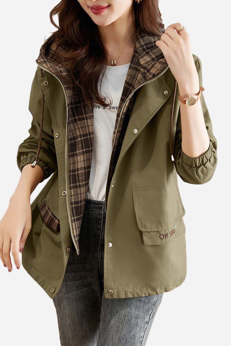 City Explorer Plaid Windbreaker women's olive green jacket with plaid lining and adjustable hood