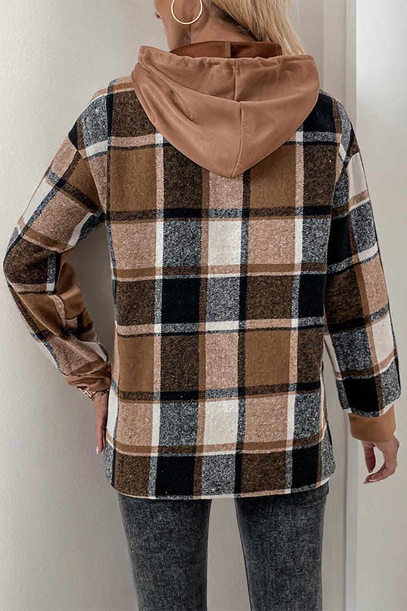 back view of Countryside Layered Hoodie with brown plaid pattern and solid brown drawstring hood worn by model