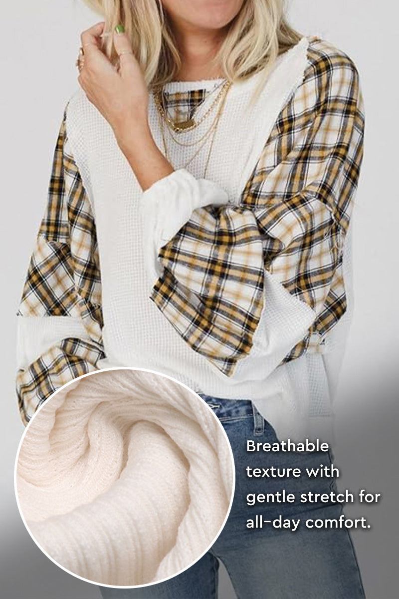 Waffle knit plaid sleeve sweatshirt with breathable texture and soft stretch for all-day comfort