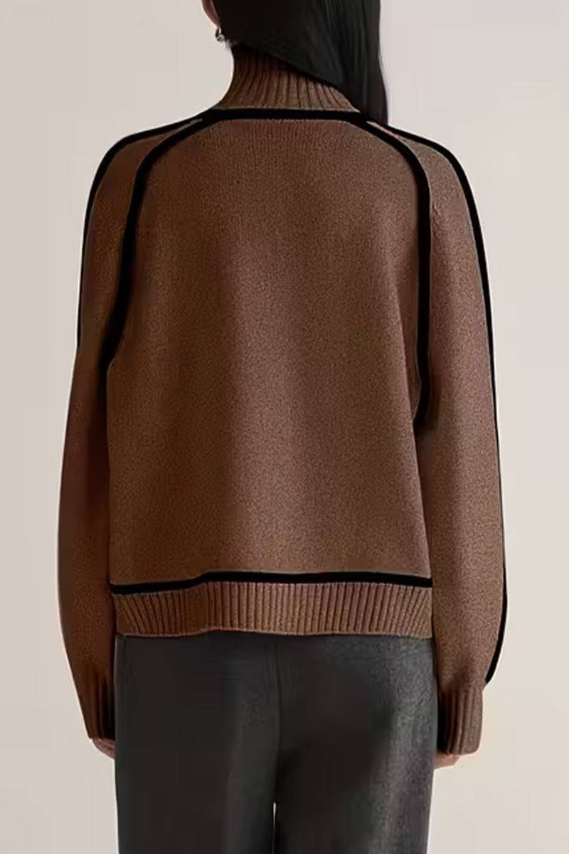 Back view of Zero Itch Turtleneck Sweater in brown with black contrast trim, soft knit, relaxed fit, and elegant turtleneck collar.
