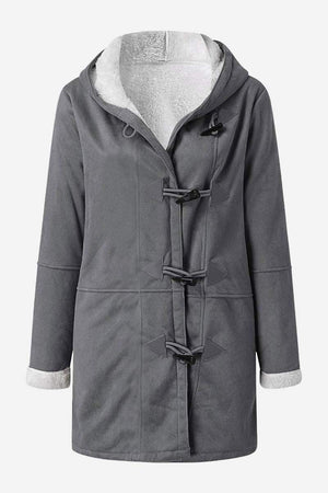Grey warm toggle button hooded coat with sherpa lining and faux suede exterior