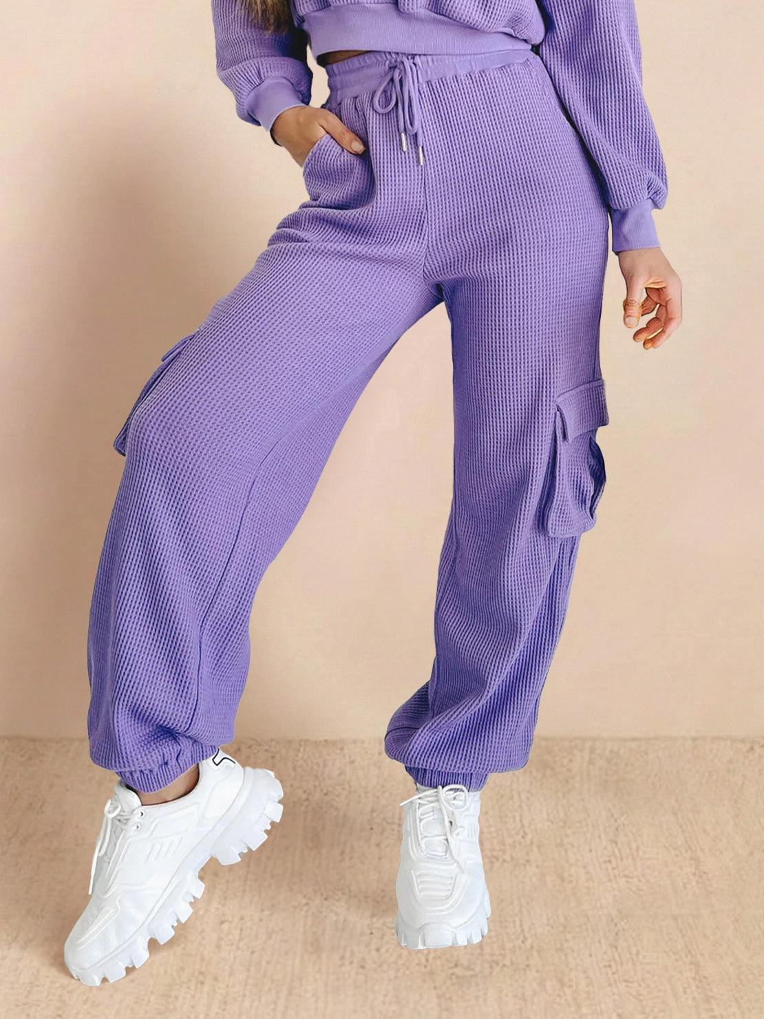 Purple cotton waffle knit high-waisted pants with cargo pockets and elastic cuffs