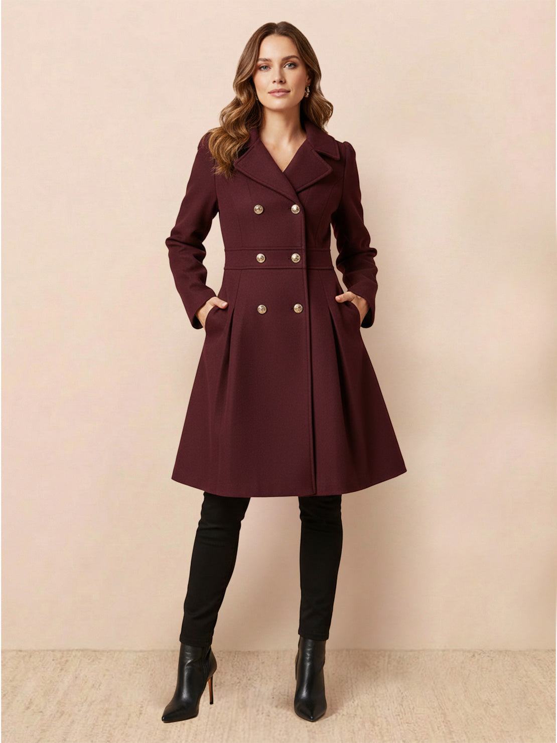 Fit & Flare Trench Coat with tailored waist and A-line flare in non-wool fabric