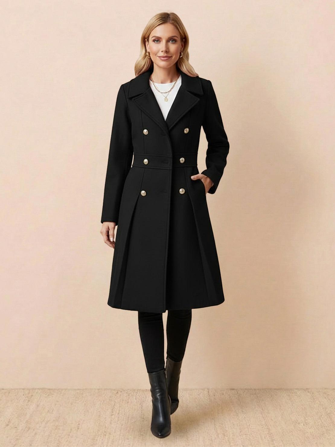 Women’s fit and flare trench coat with tailored waist and pleated hem in non-wool fabric