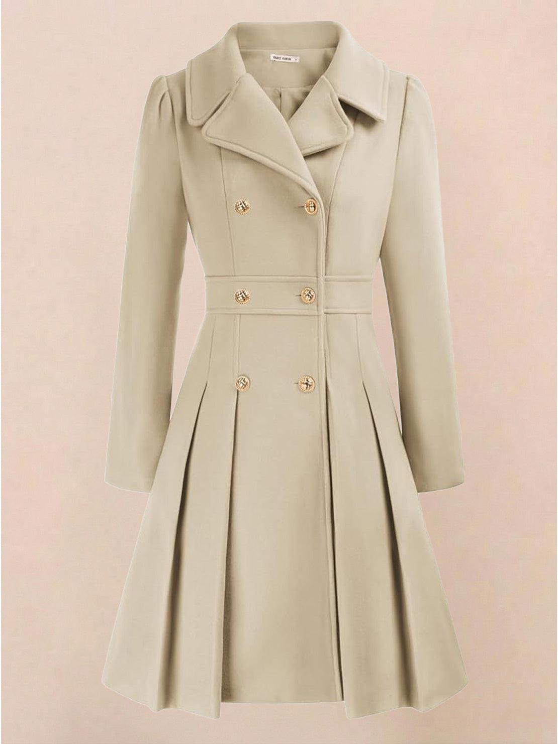 Tailored fit and flare trench coat with A-line silhouette, double-breasted buttons, and smooth lining