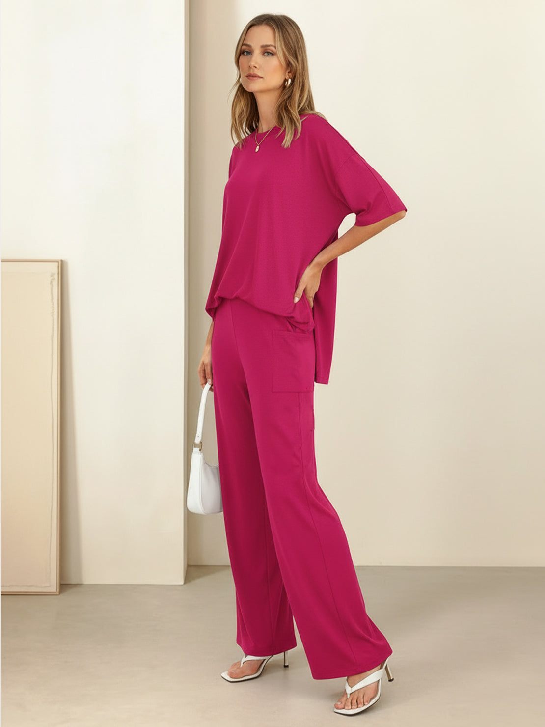 Oversized long-line loungewear set with pullover and wide-leg pants in soft stretchy fabric
