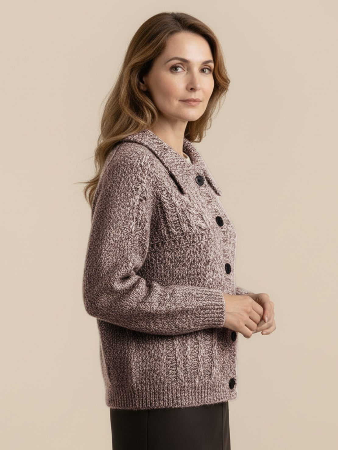 Wool-blend button-front cardigan with wide collar and five-button closure for lightweight warmth and layering