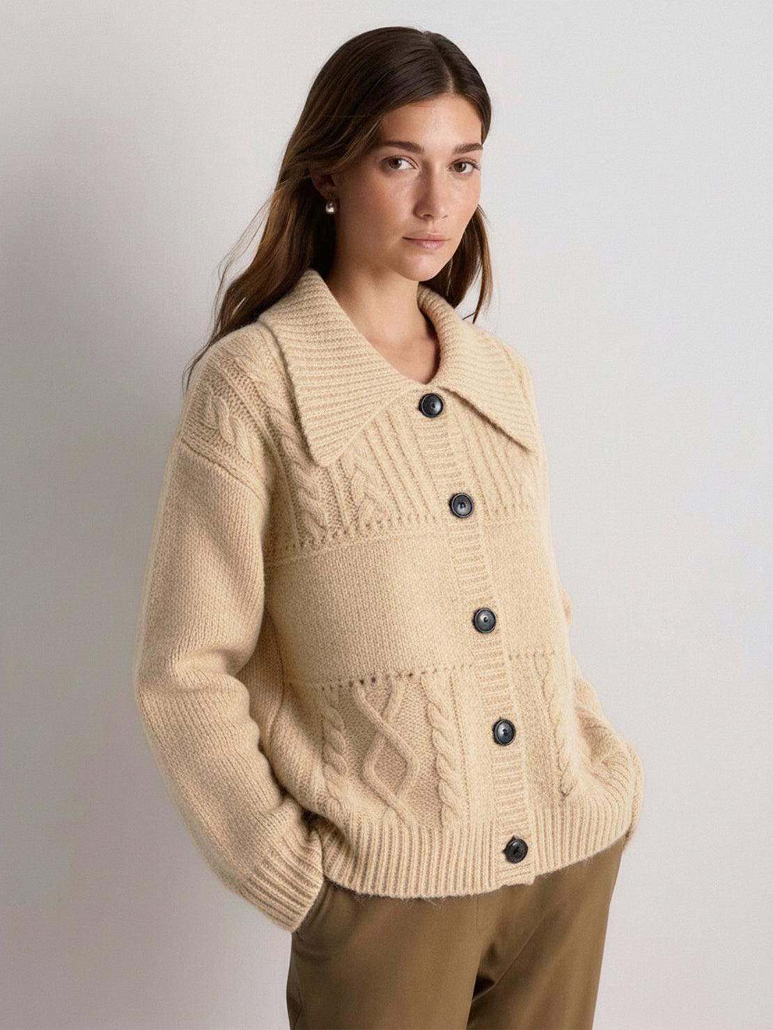 Wool-blend button-front cardigan with wide collar and lightweight warmth for layering