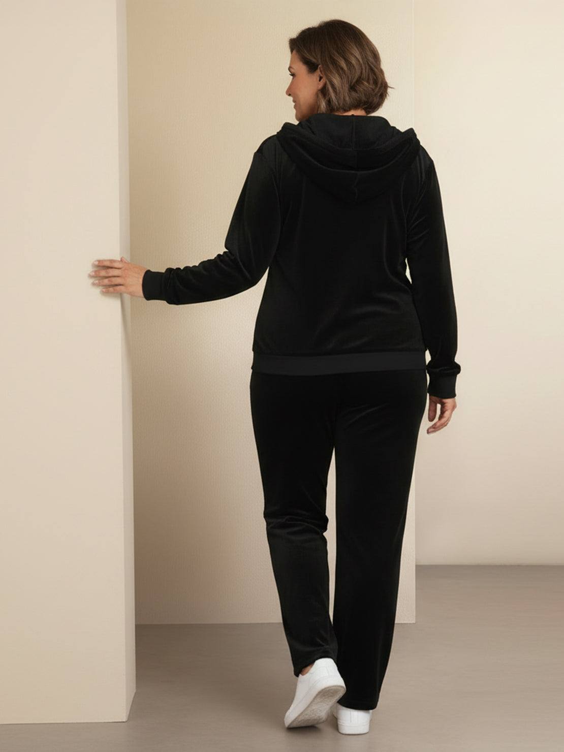 Plus size velour zip-up tracksuit with hoodie and straight-leg pants in soft, wrinkle-resistant fabric