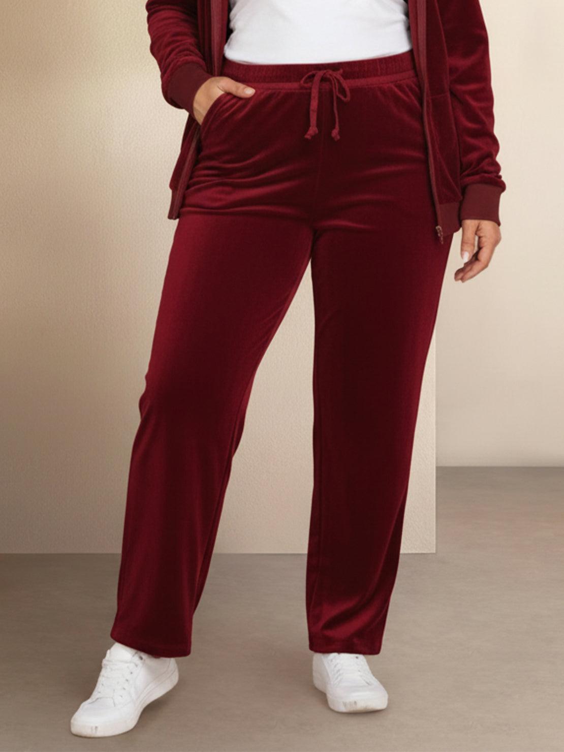 plus size velour zip-up hoodie and straight-leg pants tracksuit set with pockets and elastic waistband
