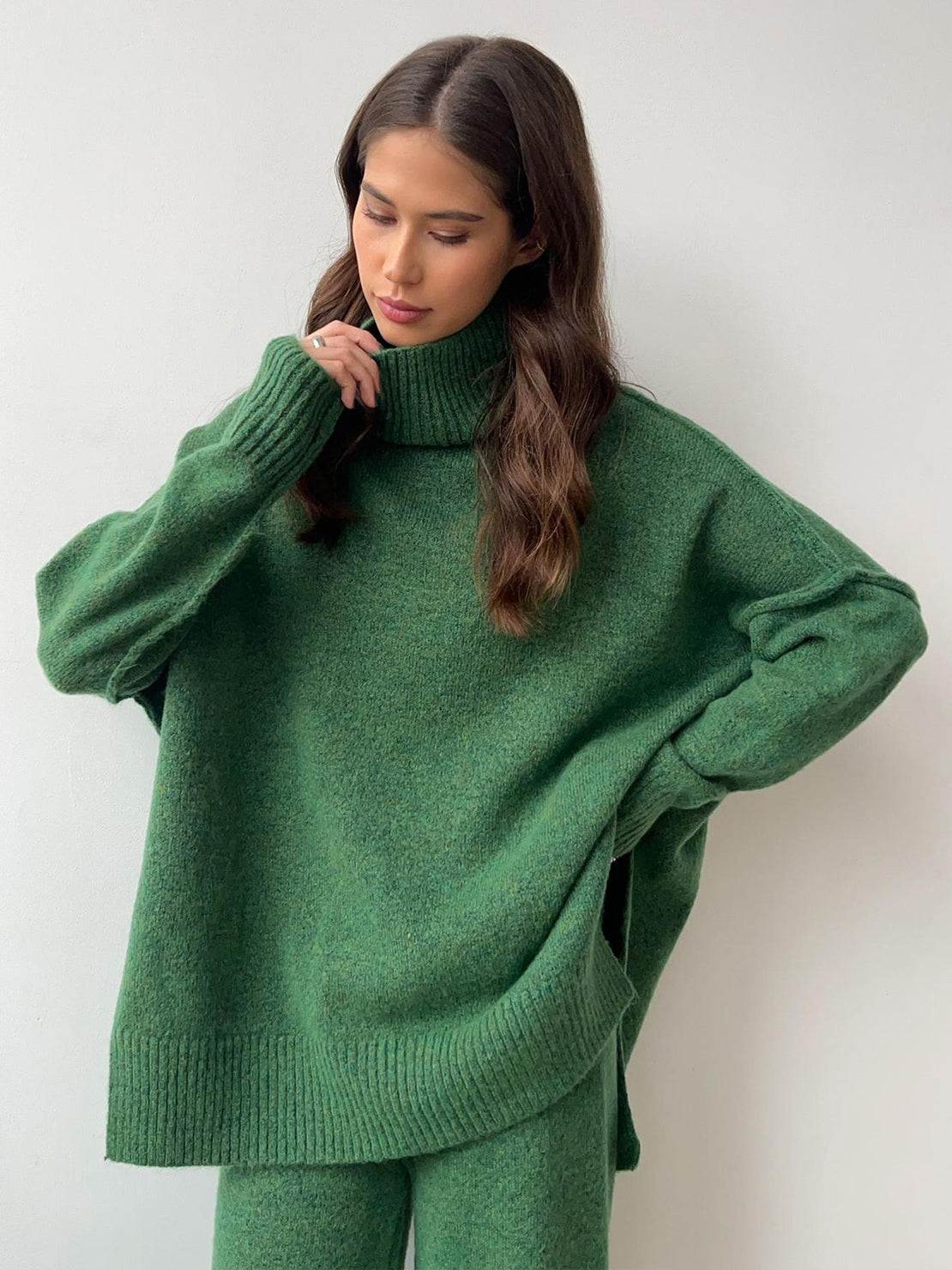 Soft-knit turtleneck two-piece set with relaxed fit and wide-leg pants