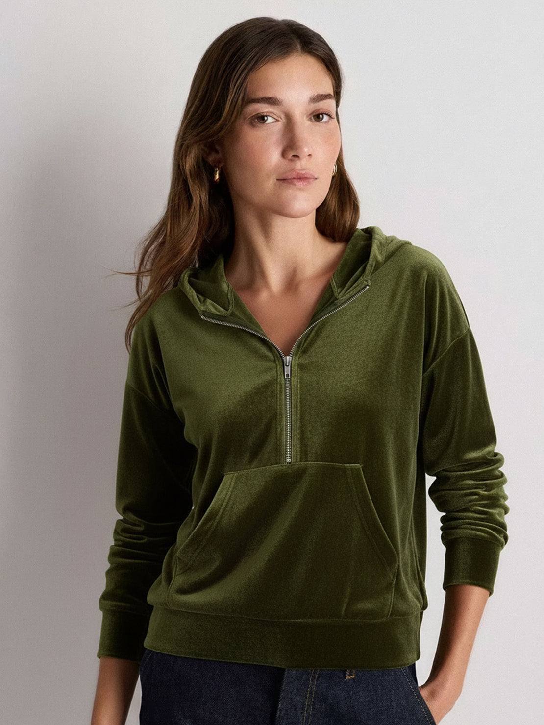 Ultra-soft velvet half-zip hoodie with kangaroo pocket and relaxed tunic fit